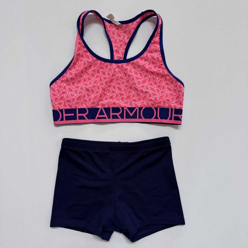 2pc girl size large outfit under armour sports bra + varsity shorts coral navy